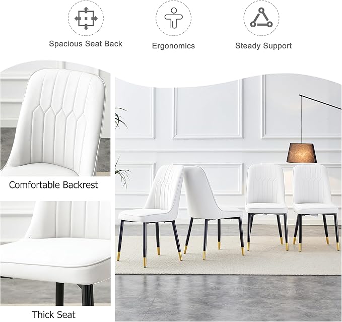 Dining Chairs Set, Modern Dining Chairs, Equipped with PU Leather Backrest Cushions and Black Metal Legs, Suitable for Restaurants, Kitchens, and Dining Room Chairs (White, Set of 6)