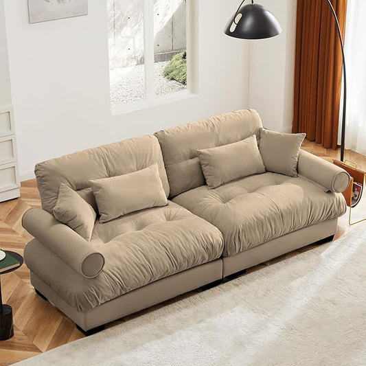 93.7” Loveseat Sofa, 2 Seater Modular Sectional Sofa, Camel Large Sectional Couches for Living Room, Fluffy Couch Set, Love Seat, Velvet Cloud Couch with 4 Pillows, Deep Seat Sofas for Living Room