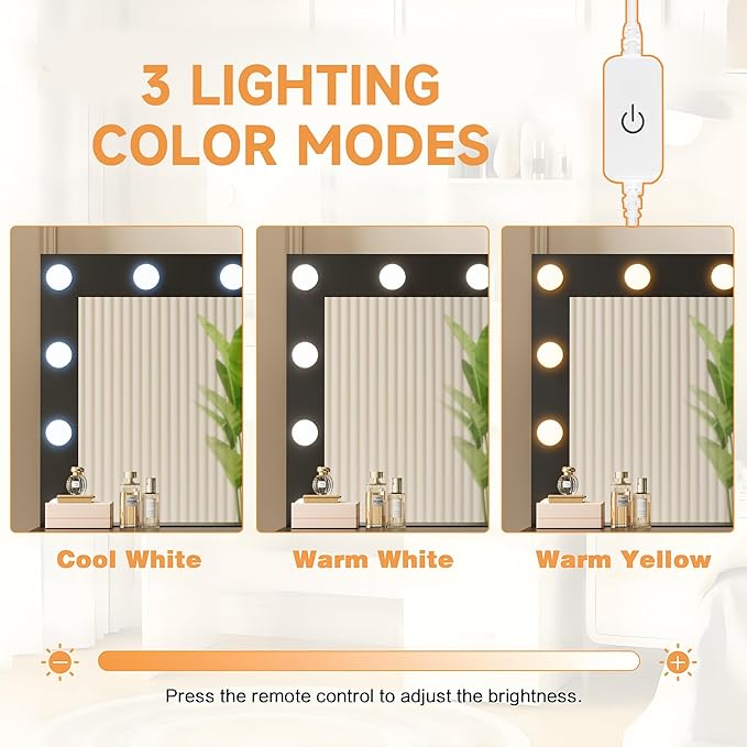 YESHOMY Vanity Desk with Mirror, 10 Lights, Power Outlet and 3 Storage Shelves, Makeup Table with 4 Drawers, 3 Color Modes, for Bedroom, Black