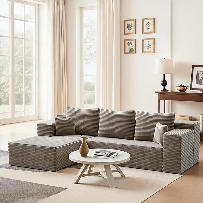 106'' Boneless Couches for Living Room, L Shaped Modular Sectional Sofa with Chaise Lounge, Faux Rabbit Fur & Layered Cushion Deep Seat Cloud Couch, No Assembly (Light Coffee, Left Facing Chaise)