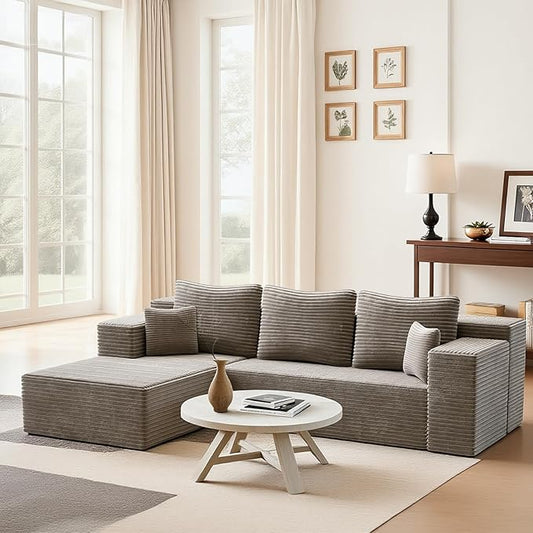 106'' Boneless Couches for Living Room, L Shaped Modular Sectional Sofa with Chaise Lounge, Faux Rabbit Fur & Layered Cushion Deep Seat Cloud Couch, No Assembly (Light Coffee, Left Facing Chaise)