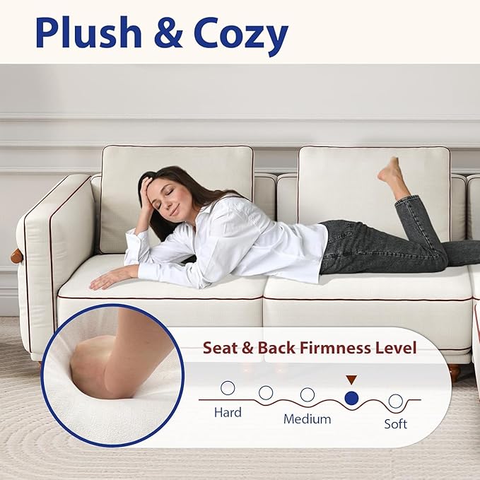 157.48" Modular Luxury Cloud Sectional Sofa with Ottoman, 70% Down-Filled Cushions, Removable Washable Ultra-Soft Linen Cover, Extra-Deep Seating, Solid Wood Armrests for Living Room