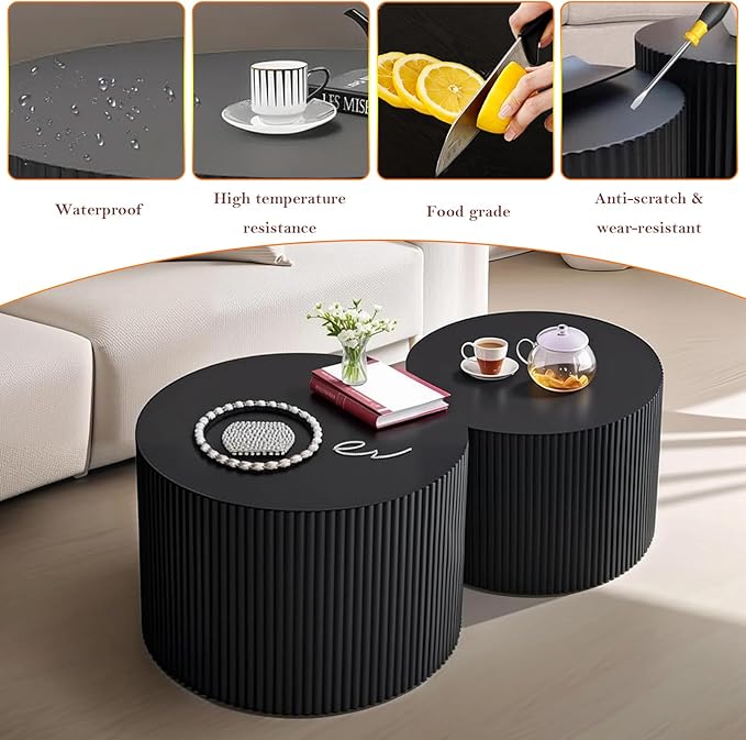 Black Round Fluted Coffee Table Set of 2 - Handcraft Embossed Design, Stylish Combination Center Drum Table for Living Room - No Assemble Needed (D-27.6IN+19.7IN)