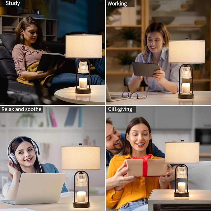 Plug in Black Candle Warmer Lamp with Timer Dimmable, Wax Melts Candle Warmer with Beige Fabric Shade Lamp, Christmas Birthday Gifts for Mom Women Sister, House Warming Gifts Include 3 Bulb