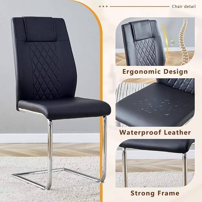 63'' Glass Dining Table Set for 6, Kitchen Table Chairs Set of 6, Clear Glass Dining Table with Black unique design Leg and Silver Metal Base, 6 PU Dining Chairs with Metal Legs, Living Room, Kitchen.