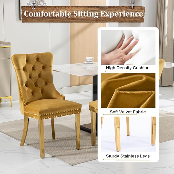 Goujxcy Round Dining Table Set for 4, Modern Glass Kitchen Table and Chairs Set of 4, 5-Piece Dining Room Table Set w/47 Circle Gold Glass Dining Table and 4 Upholstered Velvet Chairs