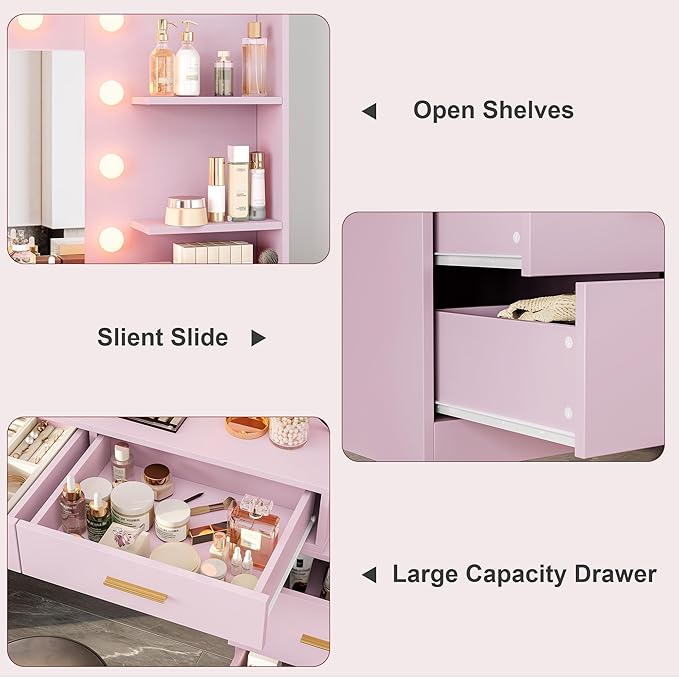 GarveeHome 61" Make up Vanity Desk with Mirror and Lights, Pink Vanity with 8 Wide Storage Drawers & 2 Tier Shelves, 3 Lighting Modes with Adjustable Brightness for Bedroom