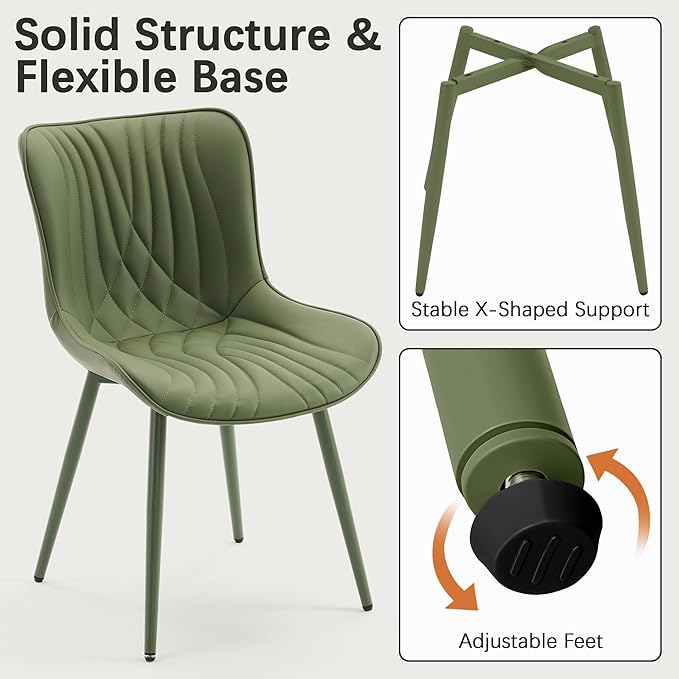 YOUTASTE Upholstered Leather Dining Chairs Set of 2 All Olive Green, Mid Century Modern Comfy Kitchen Dining Room Chair, Green Metal Legs, Armless Accent Chair for Living Room Bedroom