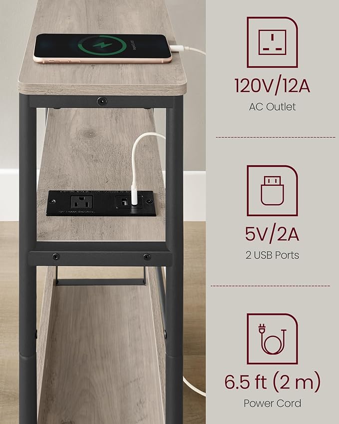 VASAGLE Side Table with Charging Station, Narrow End Table, 3-Tier Nightstand, Sofa Table for Small Spaces, Magazine Rack, for Living Room, Bedroom, Study, Heather Greige and Ink Black ULET335K04