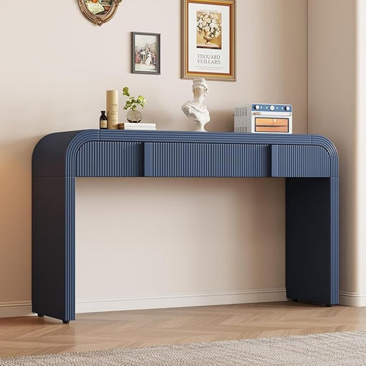 55'' Fluted Console Table with Storage Drawers, Wood Modern Curved Entryway Table with Storage for EntryWay, Hallway, Foyer (Navy Blue)