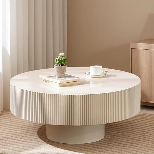 Round Drum Coffee Table Modern Coffee Table with Solid Wood Veneered Circle Center Table Accent Tea Table for Living Room Apartment Small Space (A)