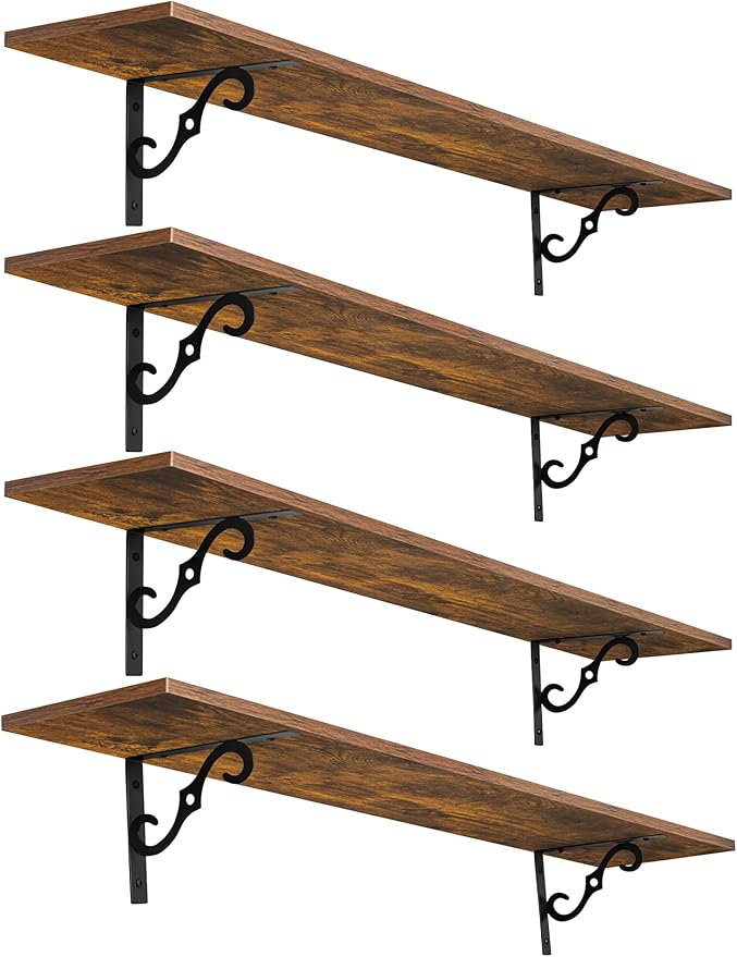 DINZI LVJ Long Wall Shelves, 47.3" Large Floating Shelves Set of 4, Farmhouse Display Shelf Wall Mounted with Heavy Duty Brackets, Easy Assembly for Kitchen, Bathroom, Bedroom, Balcony, Rustic Brown