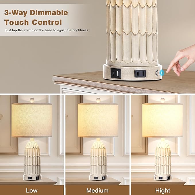 Farmhouse Table Lamps Set of 2, 3-Way Dimmable Touch Lamp for Bedroom Nightstand with USB A+C Ports & AC Outlet, White Vintage Boho Bedside Lamp for Living Room End Table (Bulbs Included)