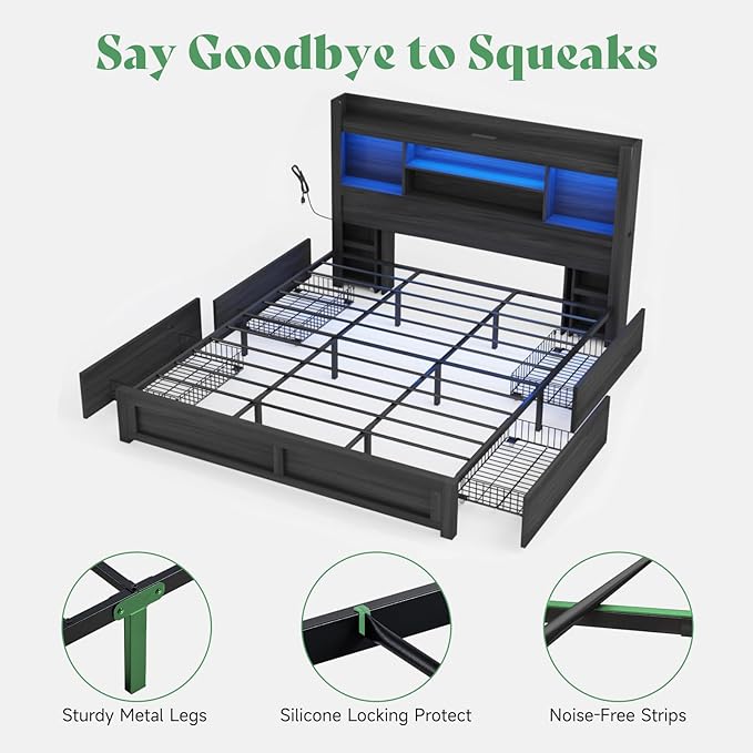 AMERLIFE King Size Bed Frame with 4 Storage Drawers, LED Bed Frame with 49.6" Tall Bookcase Headboard, Wood Platform Bed with Charging Station & 2 Slide Bedside Shelf, No Box Spring Needed/Black