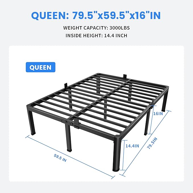 MAF 16 Inch Queen Bed Frames with Round Corner Legs Mattress Slide Stopper No Box Spring Needed Heavy Duty Metal Platform Bed Frame Under-Bed Storage Space, 3000 LBS Steel Slats Support