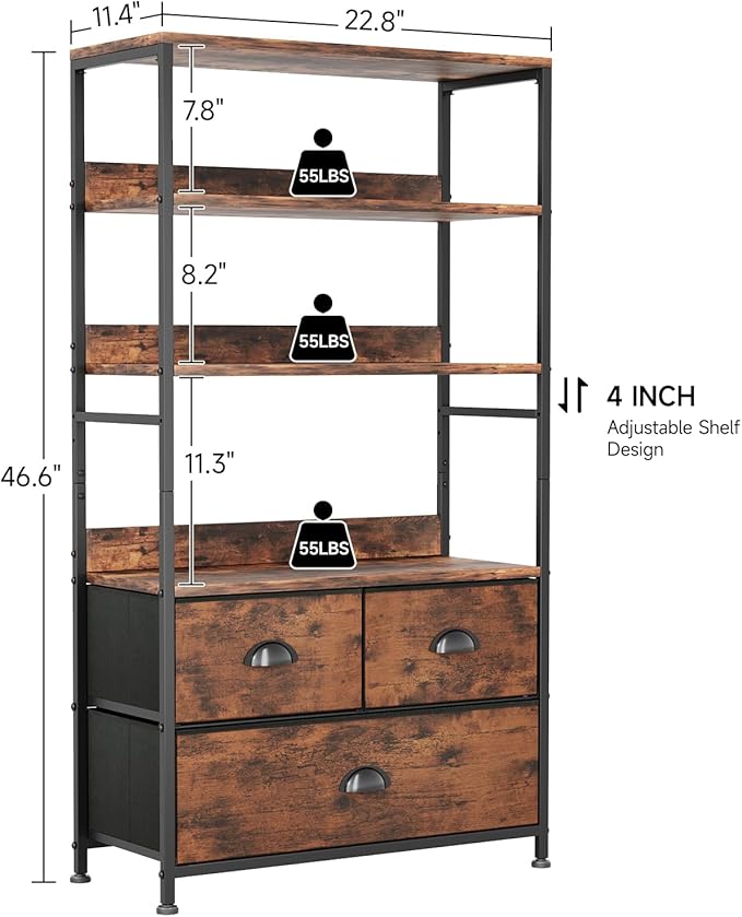 6 Tier Bookshelf, 47-Inch Small Bookcase with 3 Fabric Storage Drawers, Wood and Metal Book Shelf Storage Organizer, Industrial Display Standing Shelf Unit for Bedroom, Living Room, Rustic Brown