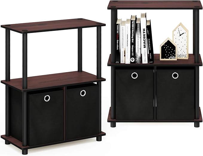 Furinno Go Green 3-Tier 2-Bins Multipurpose Storage Shelf, 2-Pack, Dark Cherry/Black