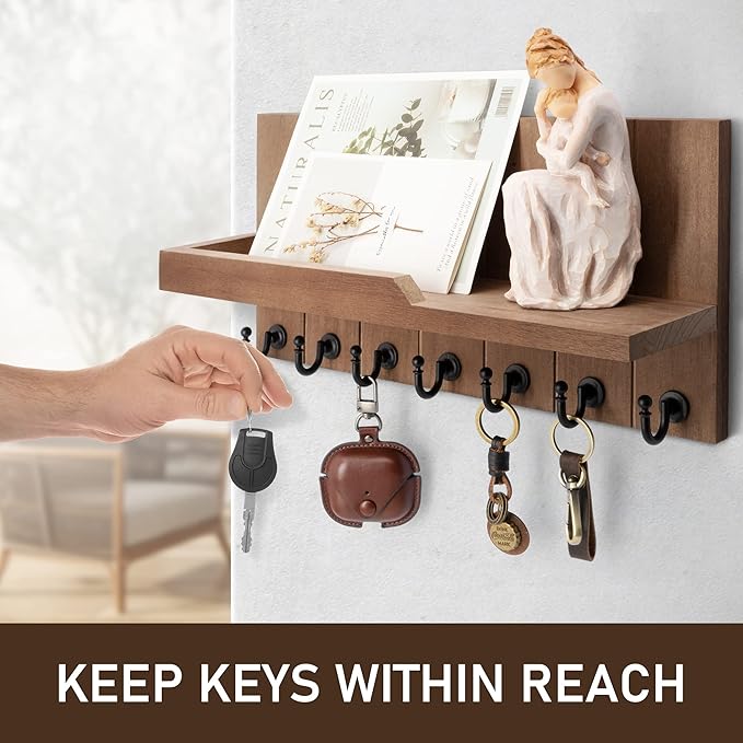 Rebee Vision Key Holder for Wall - Farmhouse Rustic Mail Organizer Floating Shelf for Home Kitchen Entryway Decor with 7 Sturdy Key Hooks (Retro Brown)