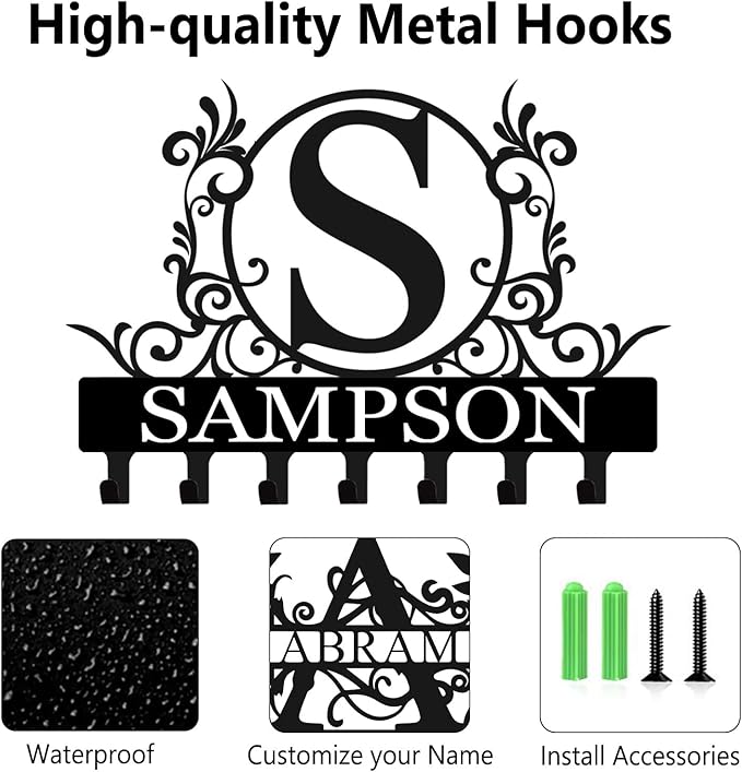 Personalized Metal Key Holder Wall Mount with Family Name Custom Key Hooks Wall Mounted Key Hooks Monogram Name Decor for Kitchen Entryway Hallway Office Doorway