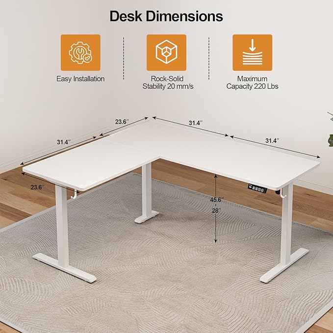 Grandder L Shaped Standing Desk Adjustable Height, Electric Standing Corner Desk, 160 x 140 cm Sit Stand Computer Table with Splice Board, White
