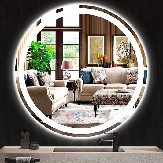 36 Inch Round Bathroom Vanity Mirror with Lights Round Light up Mirror for Bathroom Wall 36 Inch Large Round Mirror Dimmable Anti-Fog Memory 3 Colors Light Bathroom Smart Circle LED Mirrors