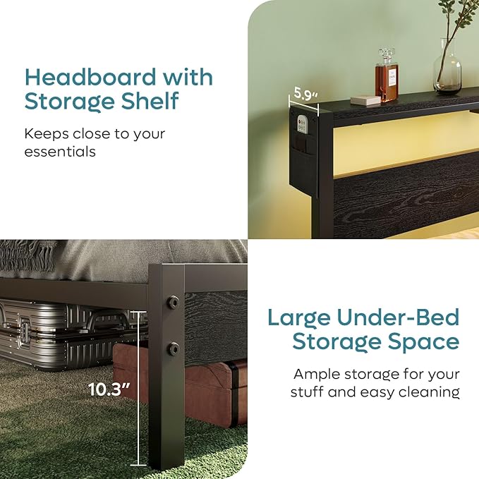 Bestier Full Bed Frame with Storage Headboard and Charging Station, Black Platform Bed Frame with LED Light, Non-Slip Metal Bed Frame, Noise-Free, Easy Assembly