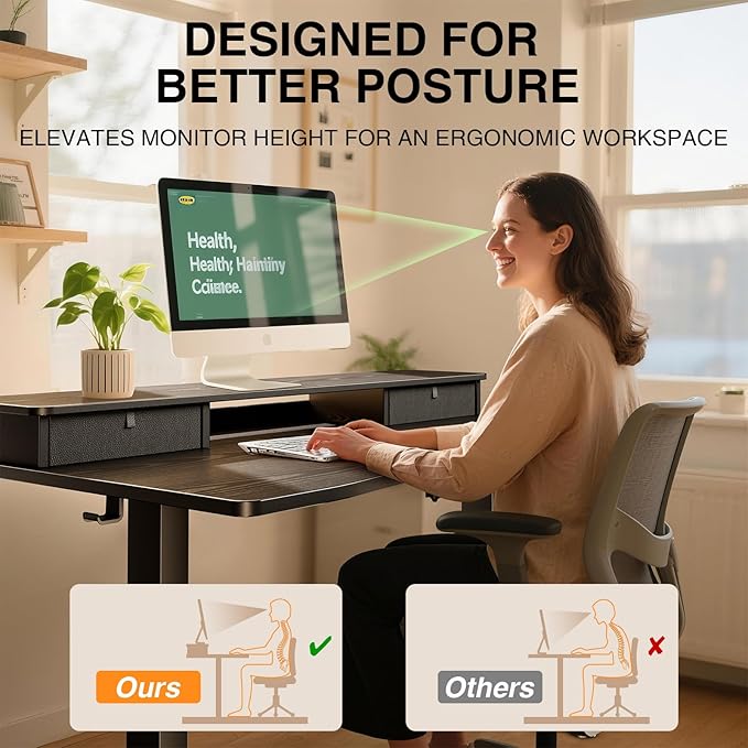 Veken 47.2"×27.6" Standing Desk with Storage Drawers, Adjustable Height Computer Table with Monitor Shelf, Home Office Desk for Study, Gaming, Workstation, Black