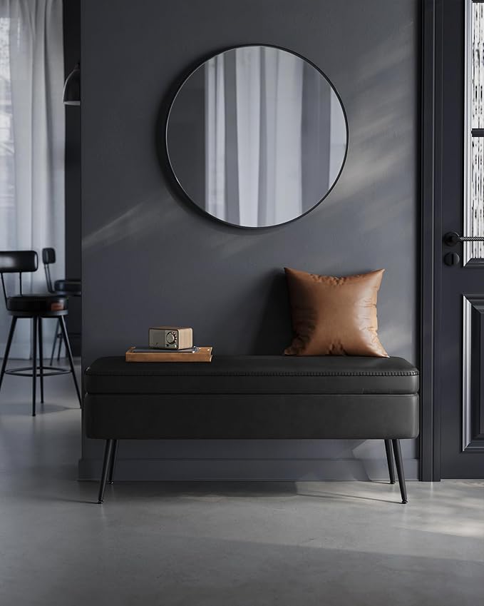 VASAGLE EKHO Collection - Storage Ottoman Bench, Entryway Bedroom Bench, 15 Gallons, Synthetic Leather with Stitching, Mid-Century Modern, Safety Hinges, Loads 660 lb, Ink Black ULOM074B01