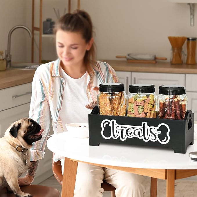 Dog Treat Container Dog Food Container for Dog Food Storage, Farmhouse Cat Food Container Pet Food Storage Organizer, Wood Dog Treat Holder with 3 Plastic Cat Dog Treat Jars, Black Cat Treat Container