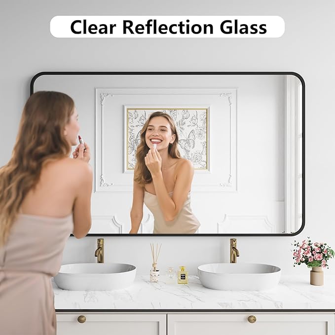Koonmi Bathroom Mirror, 36X60 Brushed Black Metal Framed Wall-Mounted Mirror for Over Sink, HD Tempered Glass, Anti-Rust, Rounded Rectangle Mirror for Restroom, Bedroom, Hangs Horizontal or Vertical