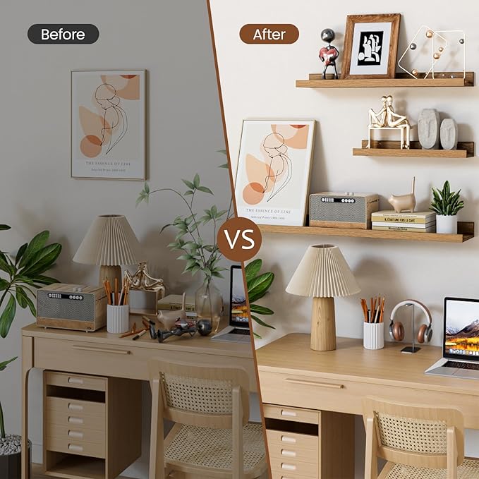 Heimlove Floating Shelves Set of 6, 24" Wall Mounted Picture Ledge, Display Shelf Organizer for Decor Storage, Wall Mounted Shelves for Living Room, Bedroom, Bathroom, Kitchen (Oak)