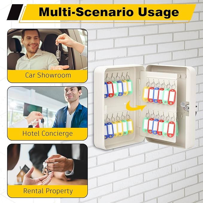 Ripeng 48-Keys Key Lock Box Wall Mount Steel Cabinet Security Holder with Tags and Hooks Key Organizer Wall Safe Storage for Car Office Hotel House Rental Business, White