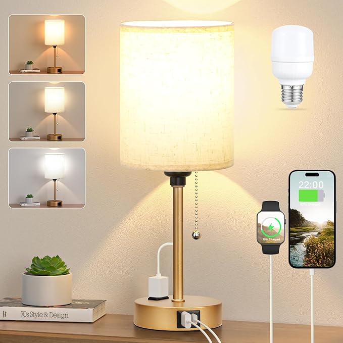 Dicoool Elegant Gold Bedside lamp for Bedroom - 3 Color Temperatures Small Table Lamp with USB C and A Ports, Pull Chain Table Lamps with AC Outlet, Cream Nightstand Lamps for Kids Reading Study