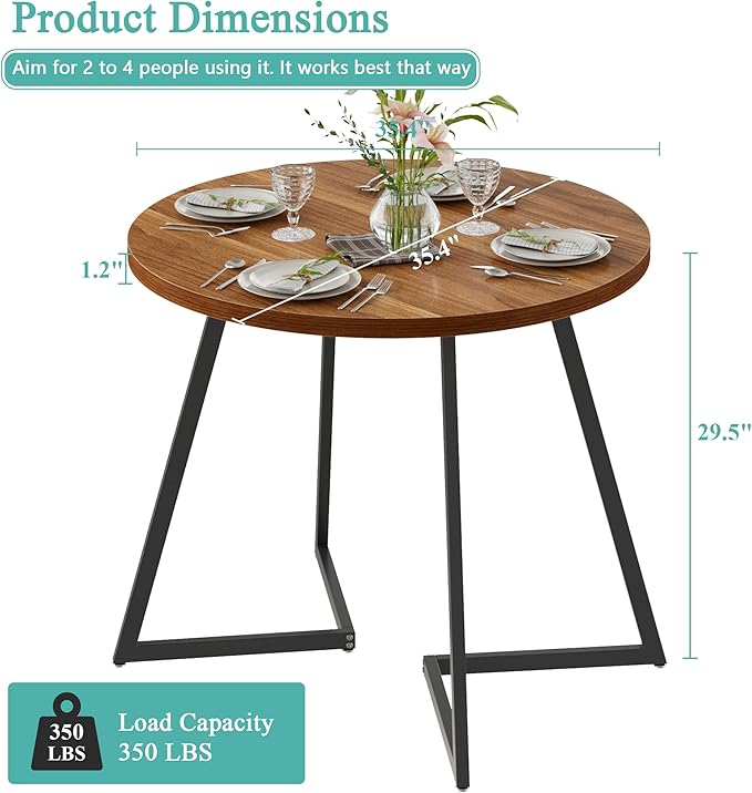 VECELO 35" Round Dining Table for 4, Wood-Grain Tabletop & Heavy-Duty Steel Frame, for Kitchen, Living Room, Easy Assembly, Walnut