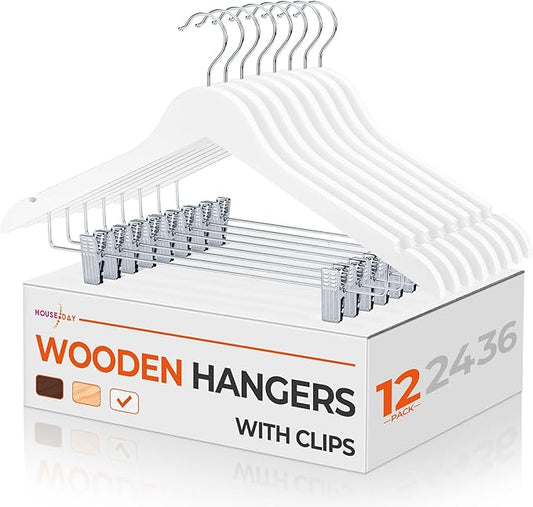 HOUSE DAY Wooden Hangers with Clips 12 Pack, Heavy Duty White Wood Pants Hanger, Premium Skirt Hanger with Adjustable Clips, Solid Clip Hangers for Suit, Blouse, Dress, Coat, Jacket, Bottom