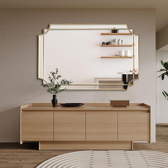 Large Gold Rectangle Mirror, 48"x31.6" Bathroom Mirrors for Over Sink, Modern Beveled Mirror Decorative, Elegant Oblong Wall Mirrors for Living Room Bedroom Fireplace Entryway Hallway