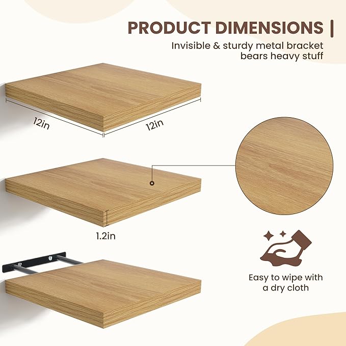 Fun Memories Floating Shelves for Wall - 12 Inch Square Shelves with Invisible Brackets, Small Wall Shelf for Living Room, Bathroom, Bedroom, and Kitchen Decor，Set of 3