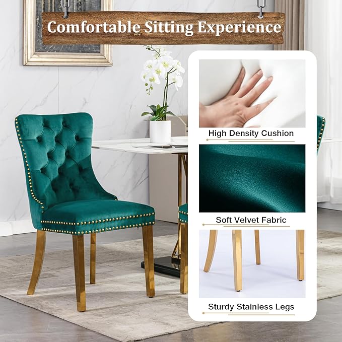 Goujxcy Round Dining Table Set for 6, Modern Glass Kitchen Table and Chairs Set of 6, 7-Piece Dining Room Table Set w/47 Circle Gold Glass Dining Table and 6 Upholstered Velvet Chairs