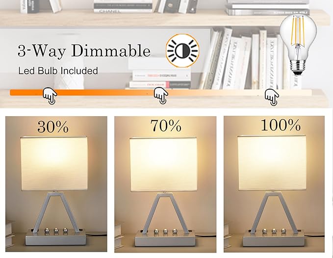 Briever Touch Control Table Lamp, 3-Way Dimmable Desk Lamp with USB C & A and AC Outlet, Bedside Lamp with Phone Stand and Fabric Shade for Bedroom, Living Room, Bulb Included, Silver