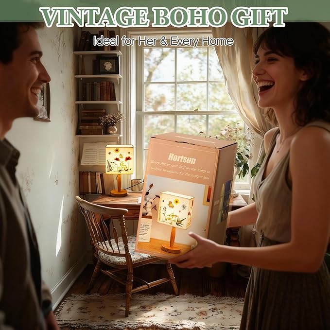 Hortsun Pressed Flower Desk Lamp Vintage Table Small Lamp Cottage Style Decor Boho Light Decorative Rustic for Bedroom, Living Room or Office, Christmas Gift for Women(Vibrant Style)