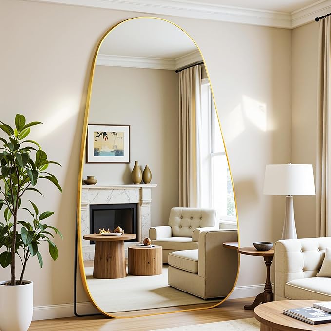 Antok Full Length Mirror, 81"x41" Floor Mirror with Stand,Standing Hanging Leaning Irregular Mirrors for Bedroom Living Room Entryway,Tear Drop Style,Golden