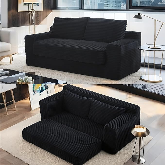 Fefances Loveseat Sofa Bed Boneless Couch, Convertible 2-in-1 Design, Corduroy Fabric - Compact Memory Foam Couch for Small Spaces, Apartments, Home Office & Bedroom (Black)
