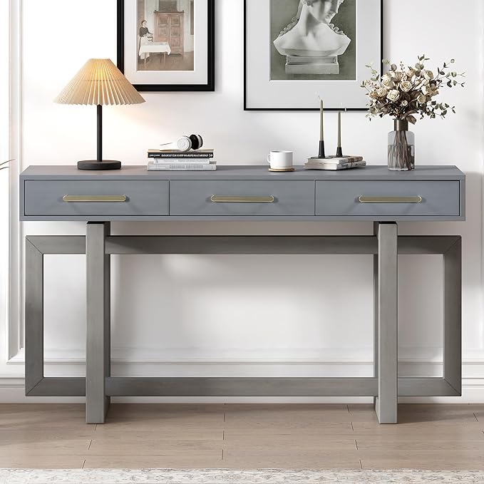 Contemporary Modern Entryway Console Table 57-Inch Extra Long Entry Sofa Table with Storage Drawers for Living Room Hallway, Antique Gray