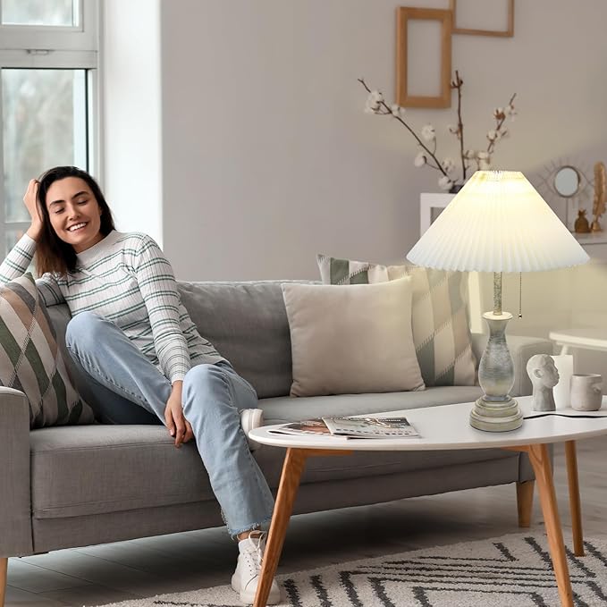 Farmhouse Table Lamp with Pull Chain Switch Control 3-Way Dimmable Table Lamp, Modern Nightstand Lamp Bedside Desk Lamp with Fabric Shade for Living Room Bedroom Hotel (Pack 1-Folding lampshade)