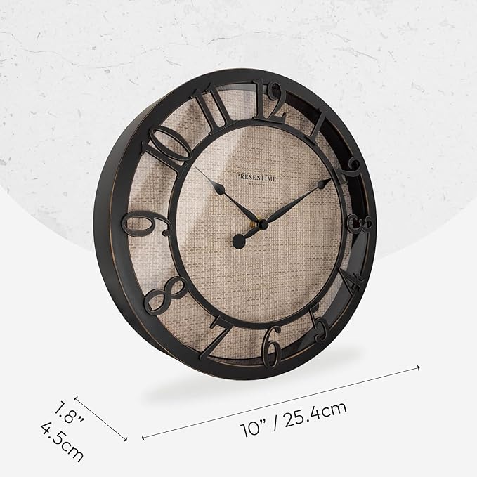 Presentime & Co 10" Farmhouse Series Wall Clock, Cottage Style, Faux Burlap Design, Silent no Ticking, Oil Rubbed Bronze Finish