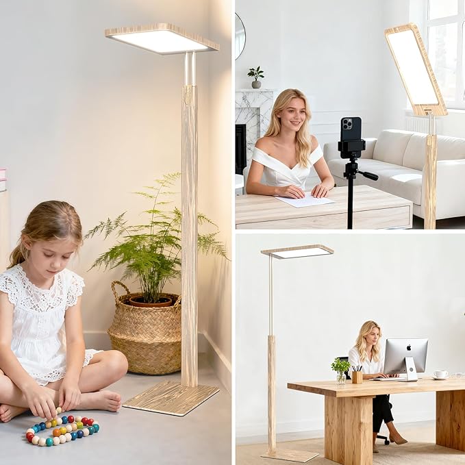STERREN Full Spectrum Floor Lamp, 9800LM Modern Vintage Industrial Free-Standing Lamp, Eye-Care Remote Control Reading Lamps for Study Room, Office, Living Room, 2700-5000K,Oak Brown