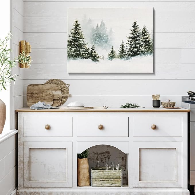 Rustic Pine Tree Christmas Canvas Wall Art - Snowy Winter Forest Landscape Framed Print for Living Room, Vintage Christmas Wall Decor, Cozy Christmas Gifts & Festive Winter Decor