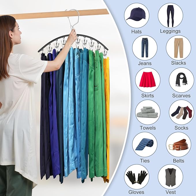 3 Pack Skirt Pants Hangers with Clips, Legging Organizer for Closet Hanging with 10 Cilps Holds 30 Leggings/Shorts/Jeans/Skirts Pants Hangers Space Saving Closet Organizers and Storage, Black