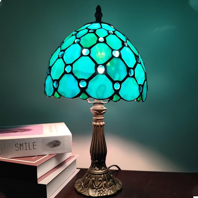 Small Tiffany Table Lamp 8 Inch Tiffany Style Desk Lamp Stained Glass Antique Light Bedroom Bedside Lamp Retro Reading Lamps (Green Pearls Style)