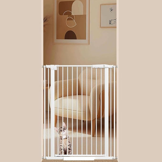 40.55" Tall 1.37" Ultra Narrow Spacing Dogs Pets Baby Gate for Doorway Hallway Safety Proof Indoor 30.11-34.05" Extra Wide Puppy Pressure Mounted No Drill Walk Through White Metal